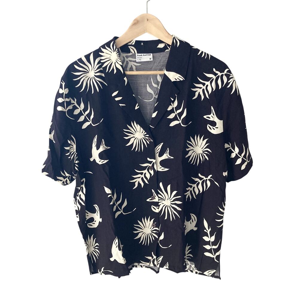 Frank & Oak Printed Camp Collar Blouse Black Cream Large